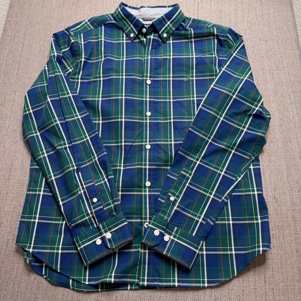 Nautica Mens Green Blue Plaid Long Sleeve Button Down Shirt Cotton Large